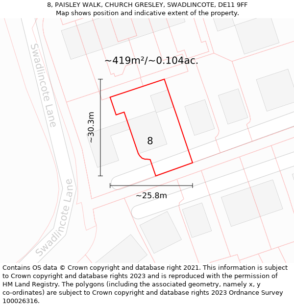 8, PAISLEY WALK, CHURCH GRESLEY, SWADLINCOTE, DE11 9FF: Plot and title map