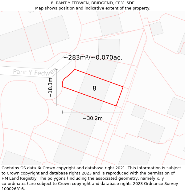 8, PANT Y FEDWEN, BRIDGEND, CF31 5DE: Plot and title map