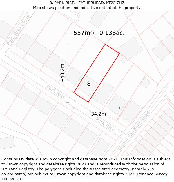 8, PARK RISE, LEATHERHEAD, KT22 7HZ: Plot and title map