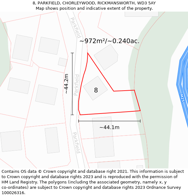 8, PARKFIELD, CHORLEYWOOD, RICKMANSWORTH, WD3 5AY: Plot and title map