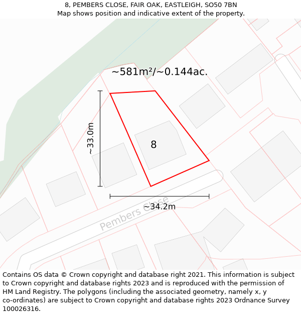 8, PEMBERS CLOSE, FAIR OAK, EASTLEIGH, SO50 7BN: Plot and title map