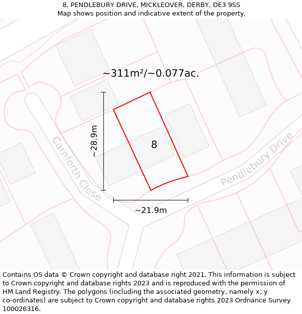 8, PENDLEBURY DRIVE, MICKLEOVER, DERBY, DE3 9SS: Plot and title map