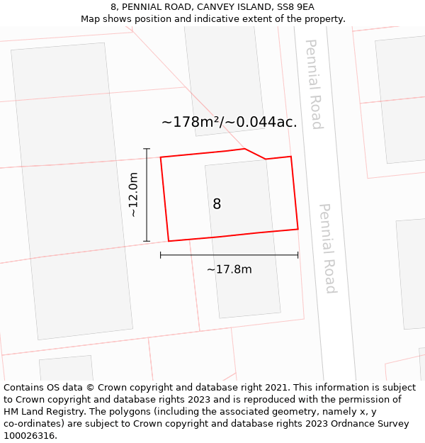 8, PENNIAL ROAD, CANVEY ISLAND, SS8 9EA: Plot and title map