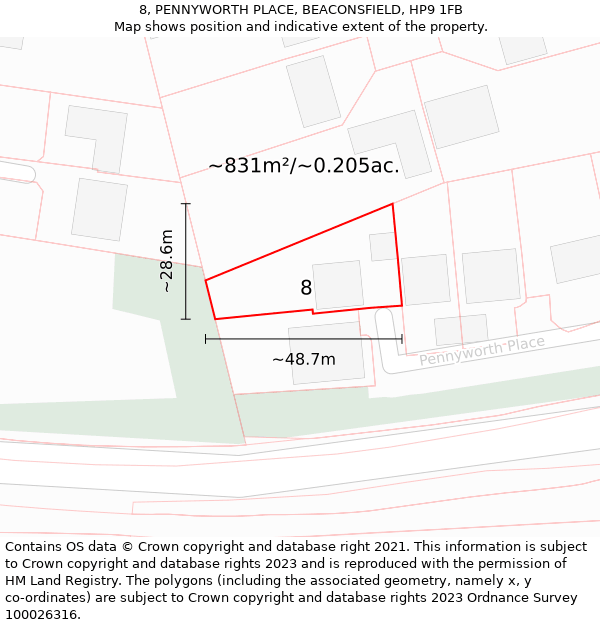 8, PENNYWORTH PLACE, BEACONSFIELD, HP9 1FB: Plot and title map