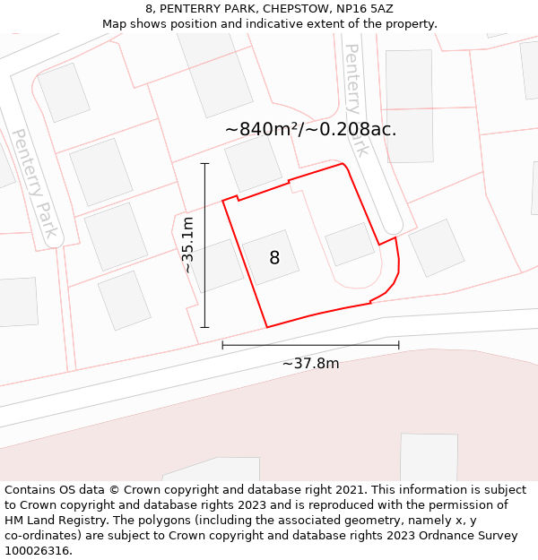 8, PENTERRY PARK, CHEPSTOW, NP16 5AZ: Plot and title map