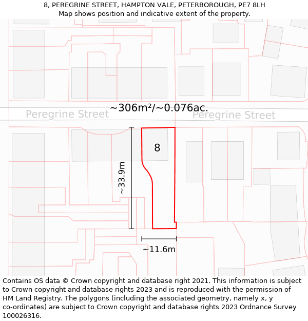 8, PEREGRINE STREET, HAMPTON VALE, PETERBOROUGH, PE7 8LH: Plot and title map