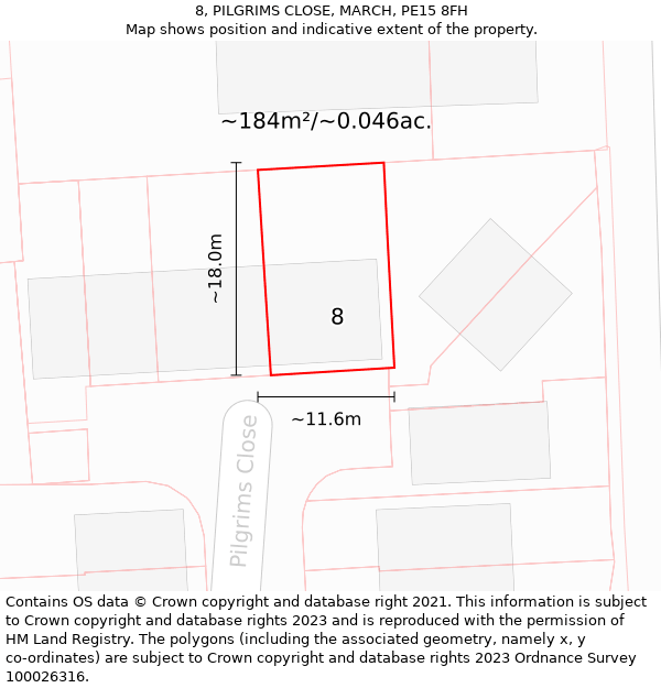 8, PILGRIMS CLOSE, MARCH, PE15 8FH: Plot and title map