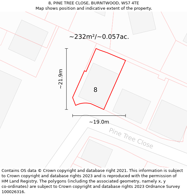 8, PINE TREE CLOSE, BURNTWOOD, WS7 4TE: Plot and title map