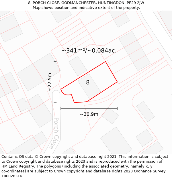 8, PORCH CLOSE, GODMANCHESTER, HUNTINGDON, PE29 2JW: Plot and title map