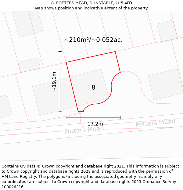 8, POTTERS MEAD, DUNSTABLE, LU5 4FD: Plot and title map