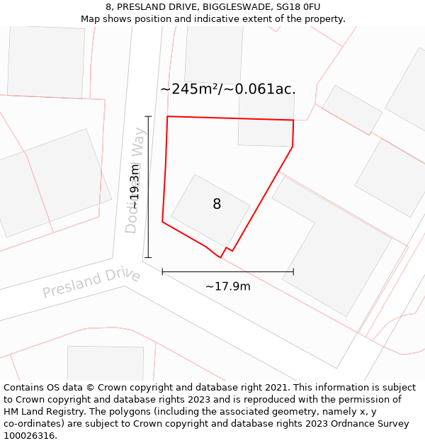 8, PRESLAND DRIVE, BIGGLESWADE, SG18 0FU: Plot and title map