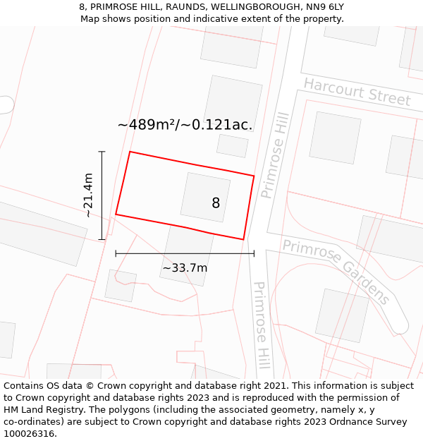 8, PRIMROSE HILL, RAUNDS, WELLINGBOROUGH, NN9 6LY: Plot and title map