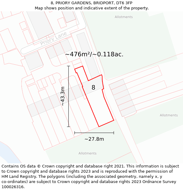 8, PRIORY GARDENS, BRIDPORT, DT6 3FP: Plot and title map