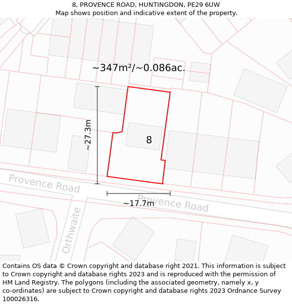 8, PROVENCE ROAD, HUNTINGDON, PE29 6UW: Plot and title map