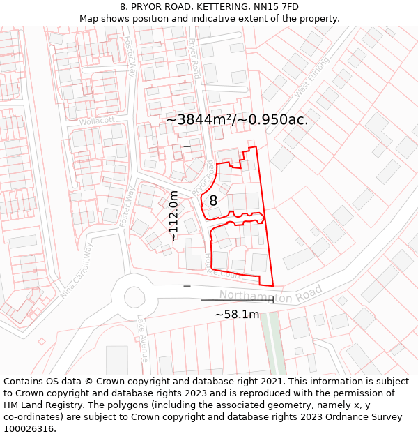 8, PRYOR ROAD, KETTERING, NN15 7FD: Plot and title map
