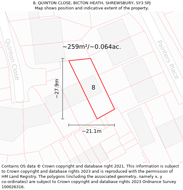 8, QUINTON CLOSE, BICTON HEATH, SHREWSBURY, SY3 5PJ: Plot and title map