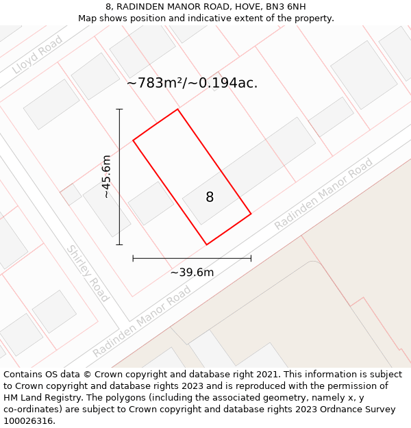 8, RADINDEN MANOR ROAD, HOVE, BN3 6NH: Plot and title map