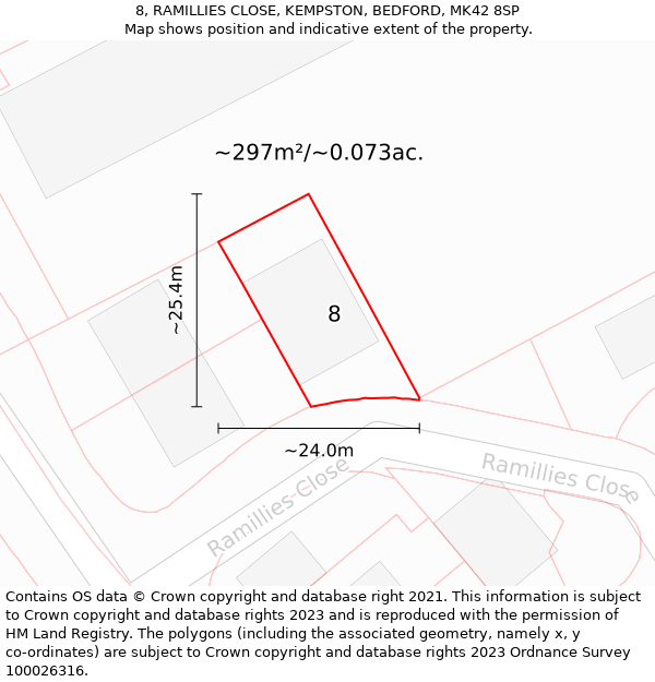 8, RAMILLIES CLOSE, KEMPSTON, BEDFORD, MK42 8SP: Plot and title map