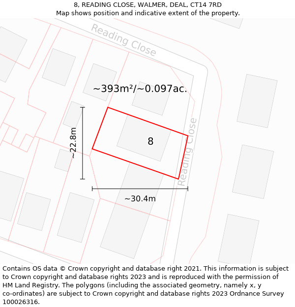 8, READING CLOSE, WALMER, DEAL, CT14 7RD: Plot and title map