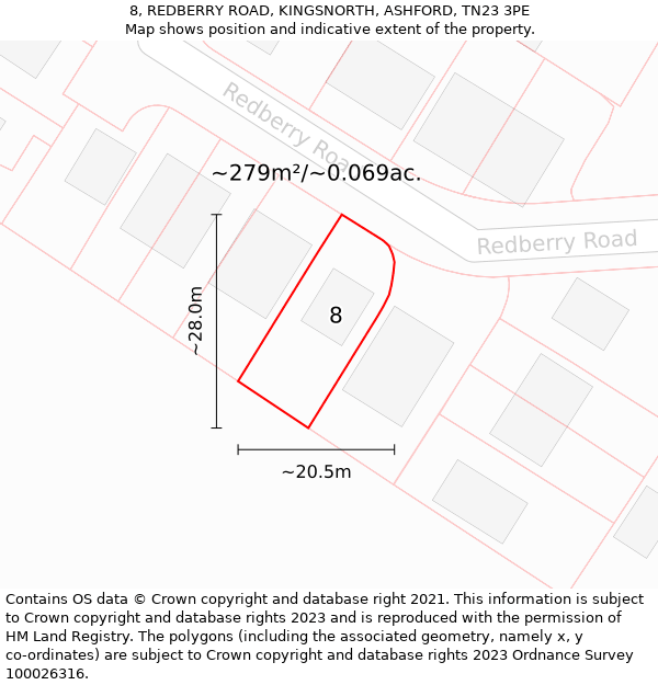 8, REDBERRY ROAD, KINGSNORTH, ASHFORD, TN23 3PE: Plot and title map