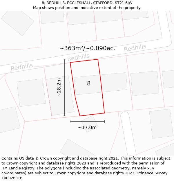 8, REDHILLS, ECCLESHALL, STAFFORD, ST21 6JW: Plot and title map