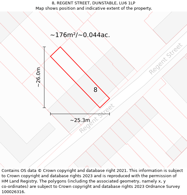 8, REGENT STREET, DUNSTABLE, LU6 1LP: Plot and title map