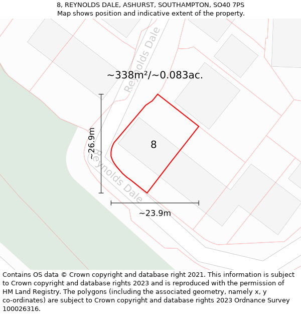 8, REYNOLDS DALE, ASHURST, SOUTHAMPTON, SO40 7PS: Plot and title map