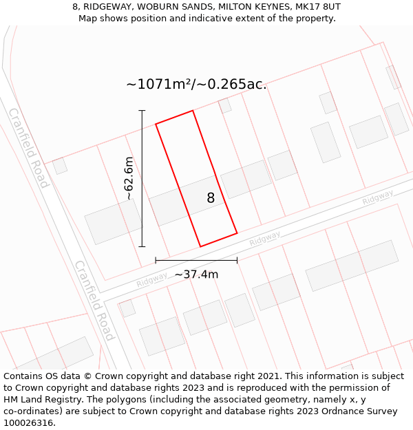 8, RIDGEWAY, WOBURN SANDS, MILTON KEYNES, MK17 8UT: Plot and title map