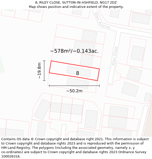 8, RILEY CLOSE, SUTTON-IN-ASHFIELD, NG17 2DZ: Plot and title map