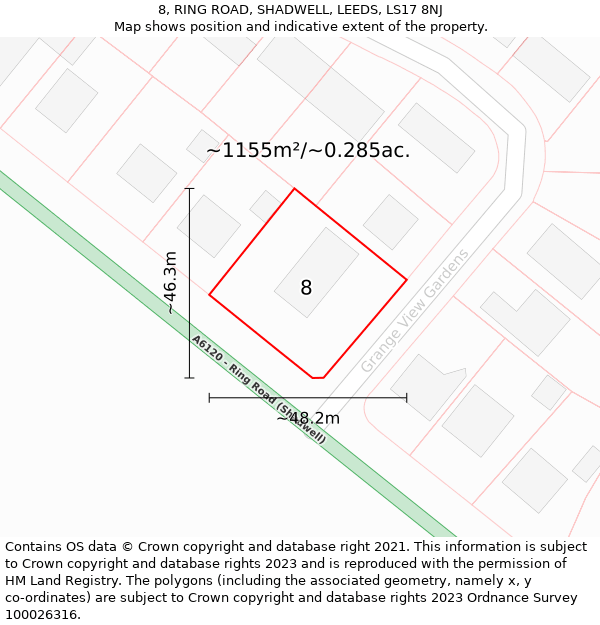 8, RING ROAD, SHADWELL, LEEDS, LS17 8NJ: Plot and title map