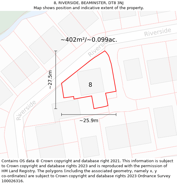 8, RIVERSIDE, BEAMINSTER, DT8 3NJ: Plot and title map