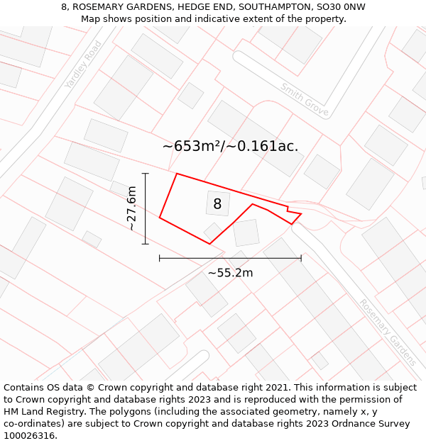 8, ROSEMARY GARDENS, HEDGE END, SOUTHAMPTON, SO30 0NW: Plot and title map