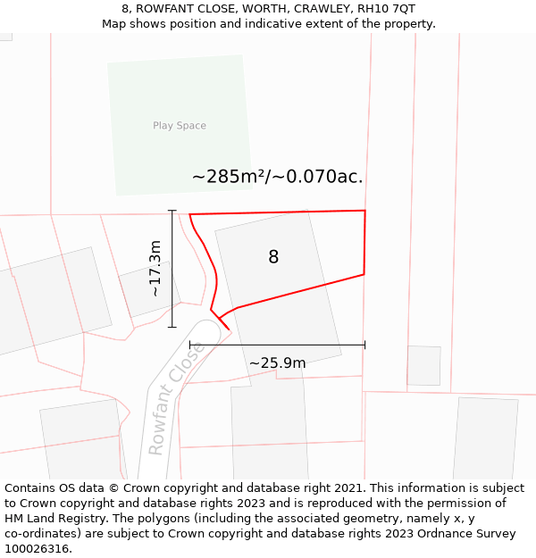 8, ROWFANT CLOSE, WORTH, CRAWLEY, RH10 7QT: Plot and title map