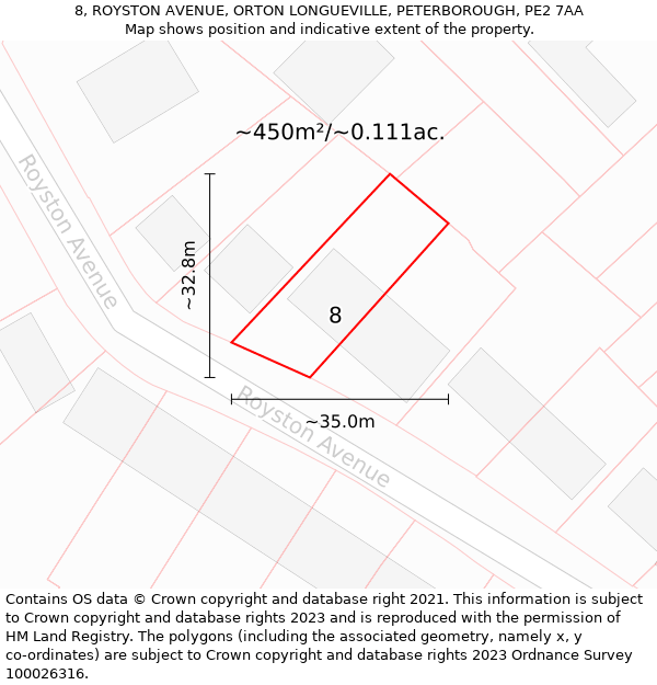 8, ROYSTON AVENUE, ORTON LONGUEVILLE, PETERBOROUGH, PE2 7AA: Plot and title map