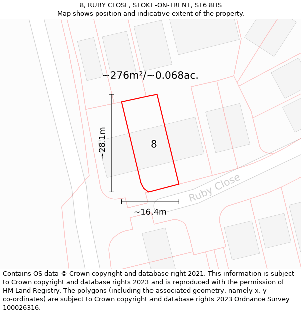 8, RUBY CLOSE, STOKE-ON-TRENT, ST6 8HS: Plot and title map