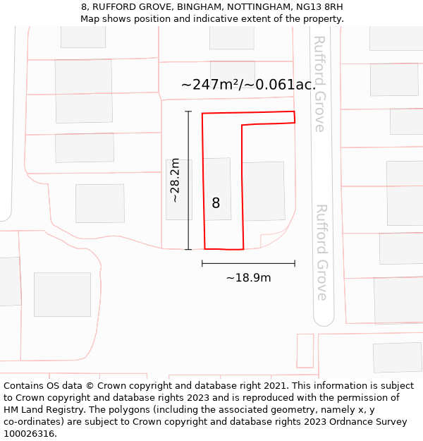 8, RUFFORD GROVE, BINGHAM, NOTTINGHAM, NG13 8RH: Plot and title map