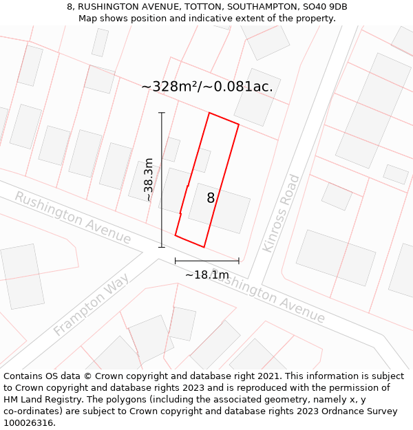 8, RUSHINGTON AVENUE, TOTTON, SOUTHAMPTON, SO40 9DB: Plot and title map