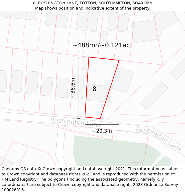 8, RUSHINGTON LANE, TOTTON, SOUTHAMPTON, SO40 9AA: Plot and title map