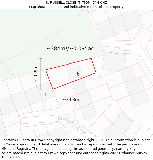 8, RUSSELL CLOSE, TIPTON, DY4 0HZ: Plot and title map