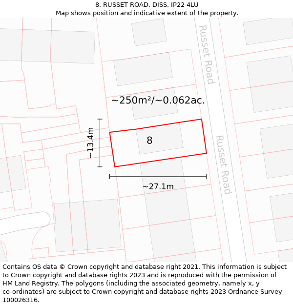 8, RUSSET ROAD, DISS, IP22 4LU: Plot and title map