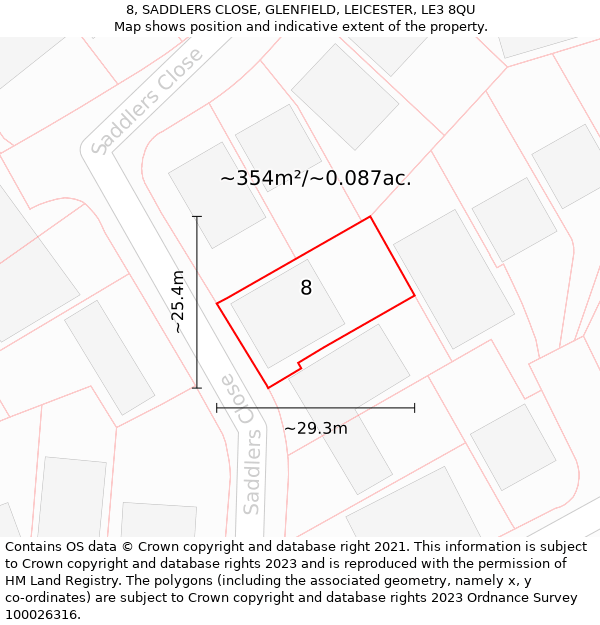 8, SADDLERS CLOSE, GLENFIELD, LEICESTER, LE3 8QU: Plot and title map