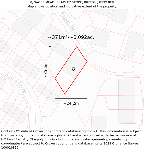 8, SAGES MEAD, BRADLEY STOKE, BRISTOL, BS32 8ER: Plot and title map