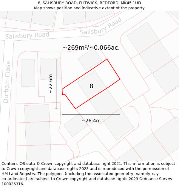 8, SALISBURY ROAD, FLITWICK, BEDFORD, MK45 1UD: Plot and title map