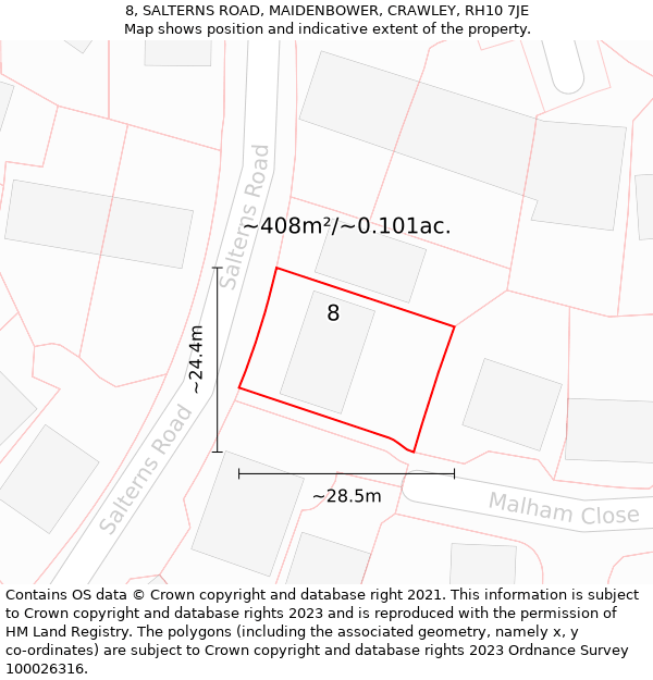 8, SALTERNS ROAD, MAIDENBOWER, CRAWLEY, RH10 7JE: Plot and title map