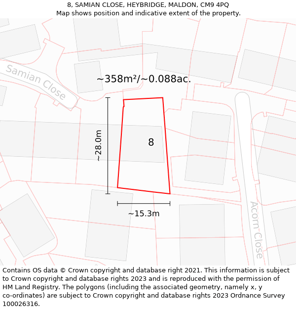 8, SAMIAN CLOSE, HEYBRIDGE, MALDON, CM9 4PQ: Plot and title map