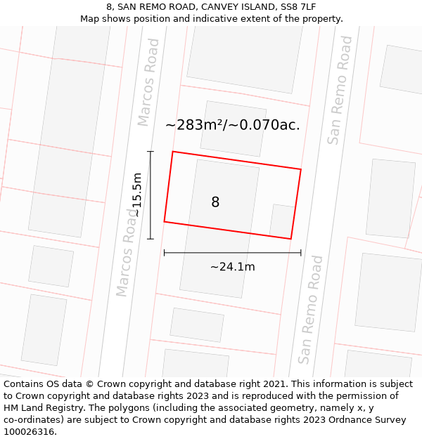 8, SAN REMO ROAD, CANVEY ISLAND, SS8 7LF: Plot and title map