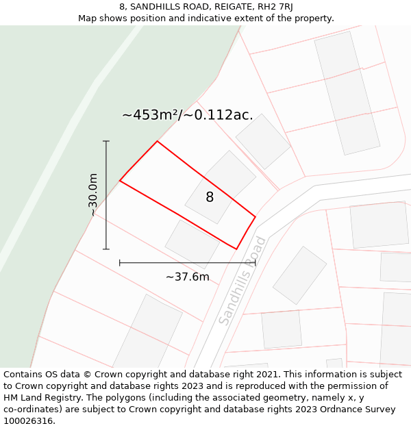 8, SANDHILLS ROAD, REIGATE, RH2 7RJ: Plot and title map