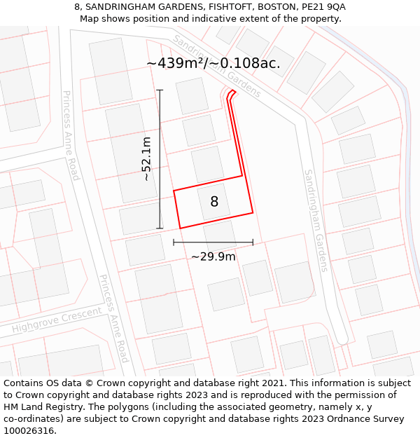 8, SANDRINGHAM GARDENS, FISHTOFT, BOSTON, PE21 9QA: Plot and title map