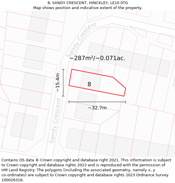 8, SANDY CRESCENT, HINCKLEY, LE10 0TG: Plot and title map