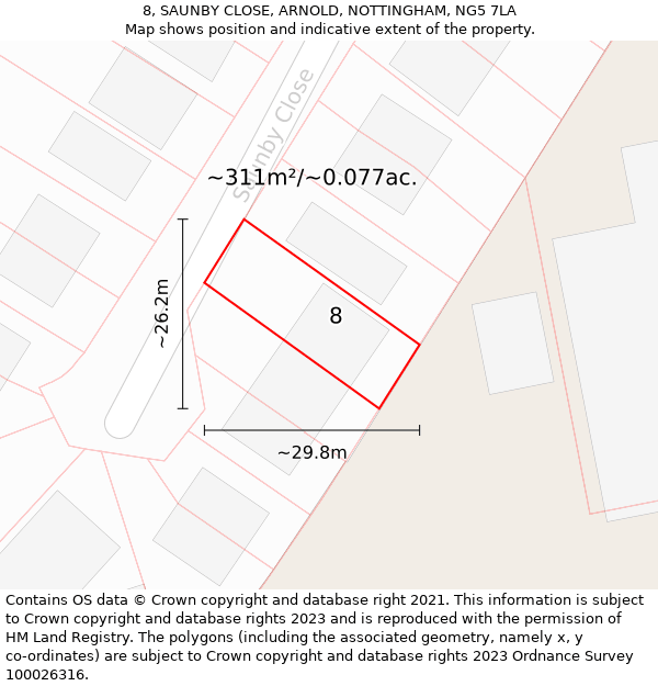 8, SAUNBY CLOSE, ARNOLD, NOTTINGHAM, NG5 7LA: Plot and title map